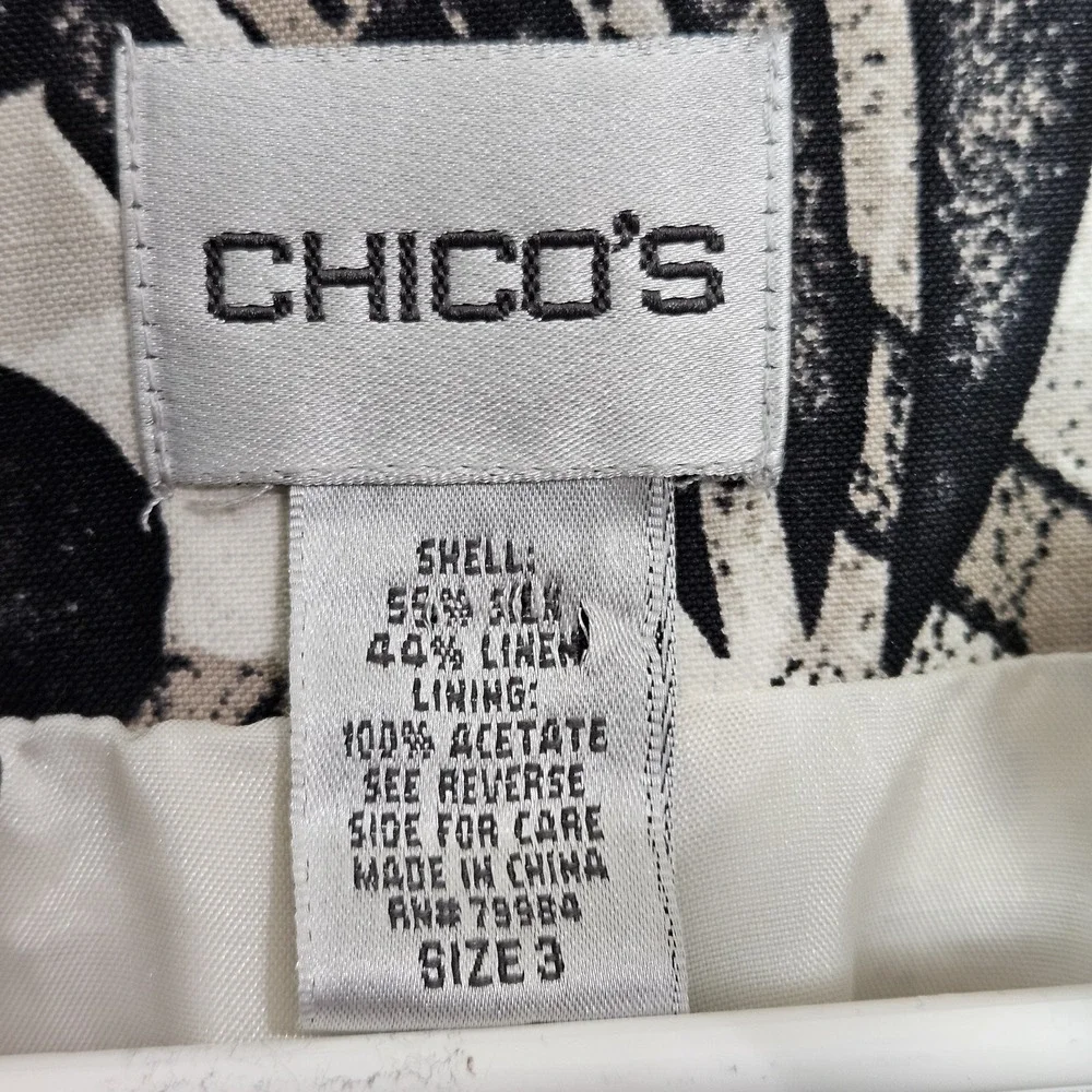 Chico's‎ Blazer Jacket Size 3 US XL Silk Linen Lined Abstract Black Beige